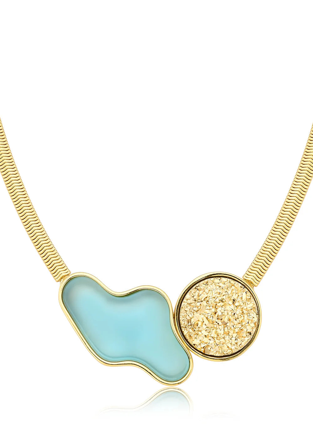 Necklace with a gold chain, blue pendant, and gold-speckled round pendant on a white background
