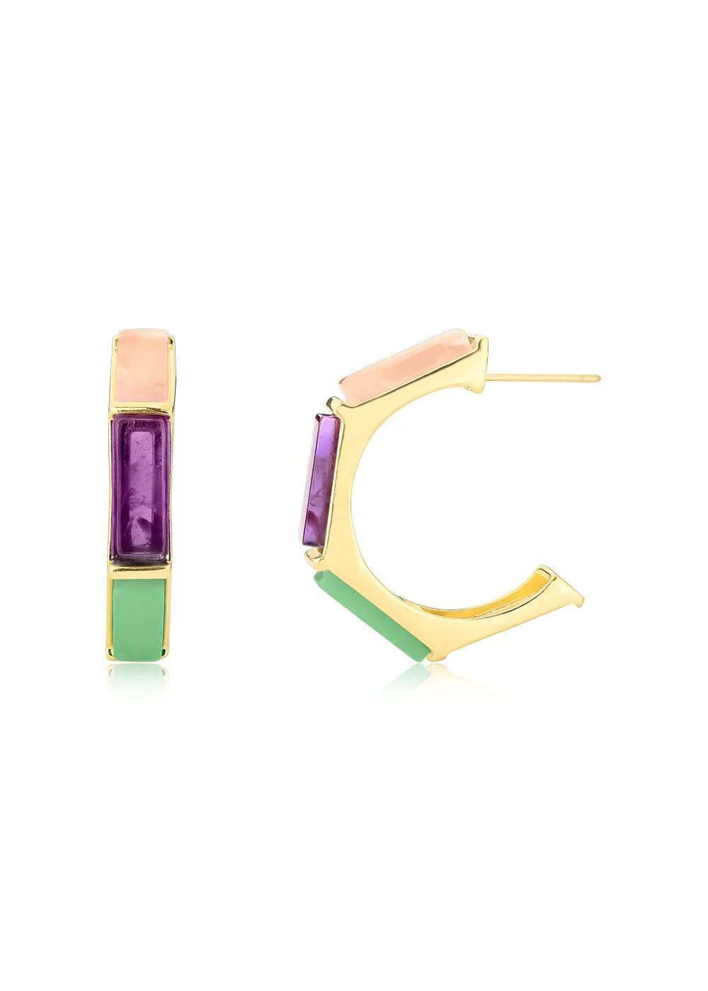 Gold hoop earrings with purple and green stones on a white background