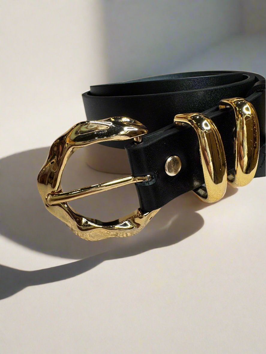 Black Leather Belts Heptagon Buckle