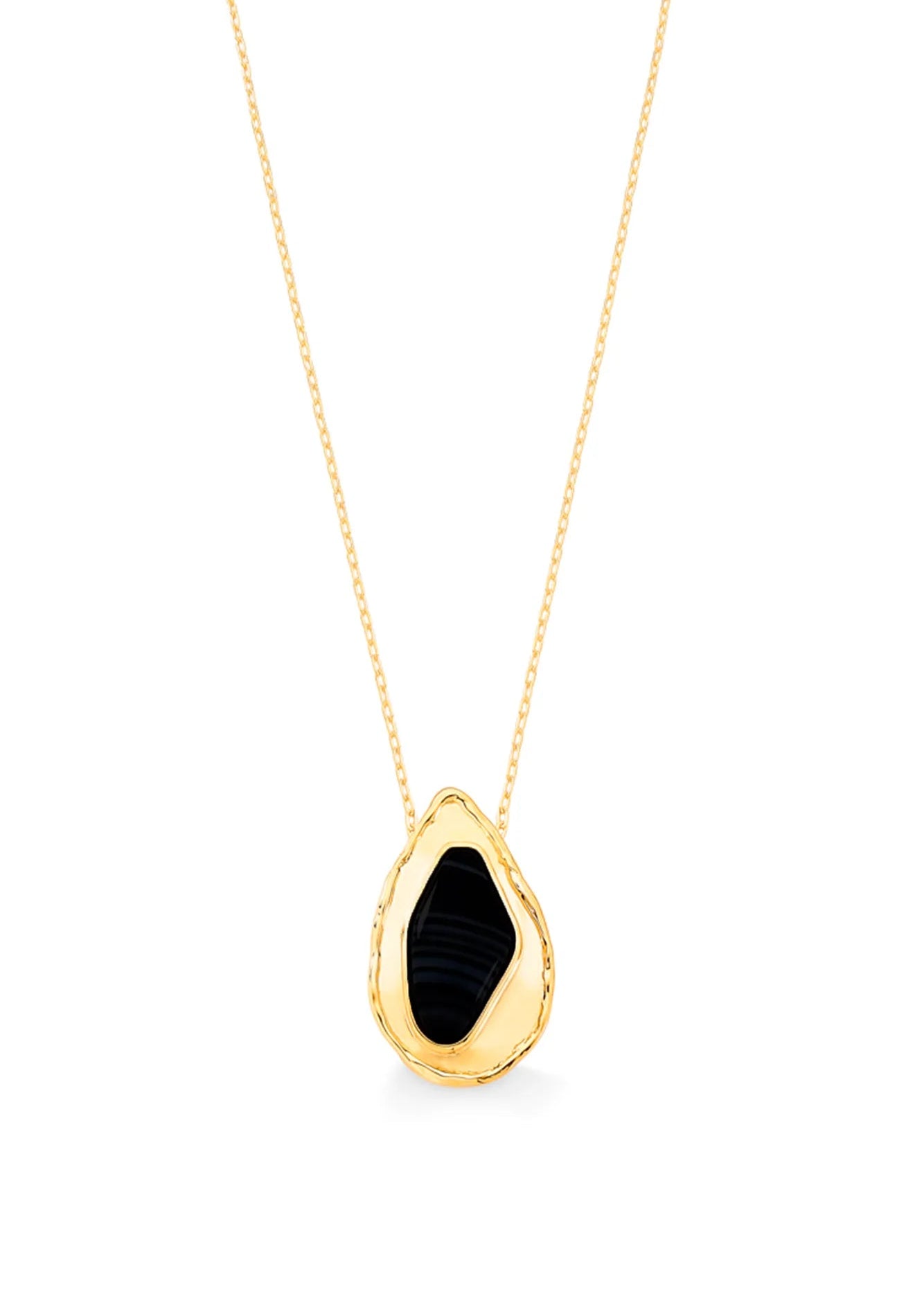Gold necklace with a black pendant on a white background