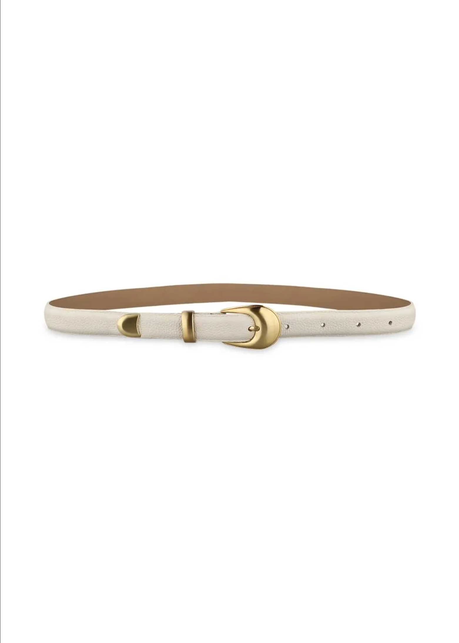 A slim white leather belt with a gold-tone buckle and a tan interior lining, displayed horizontally on a clean white background.