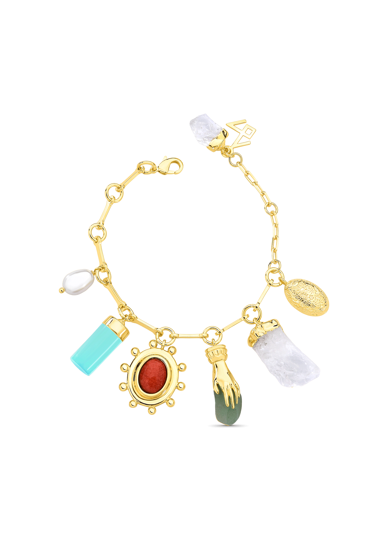Gold bracelet with various charms on a white background