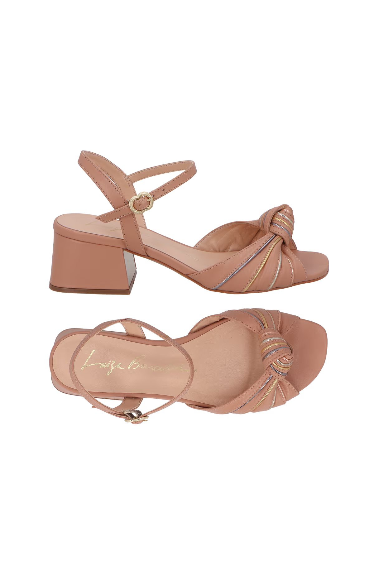 Beige Block-Heel Sandals with Metal Colored Detail