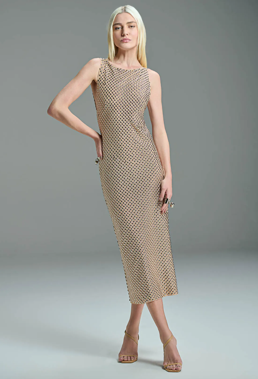 Beige Midi Dress Embroidered & Studs