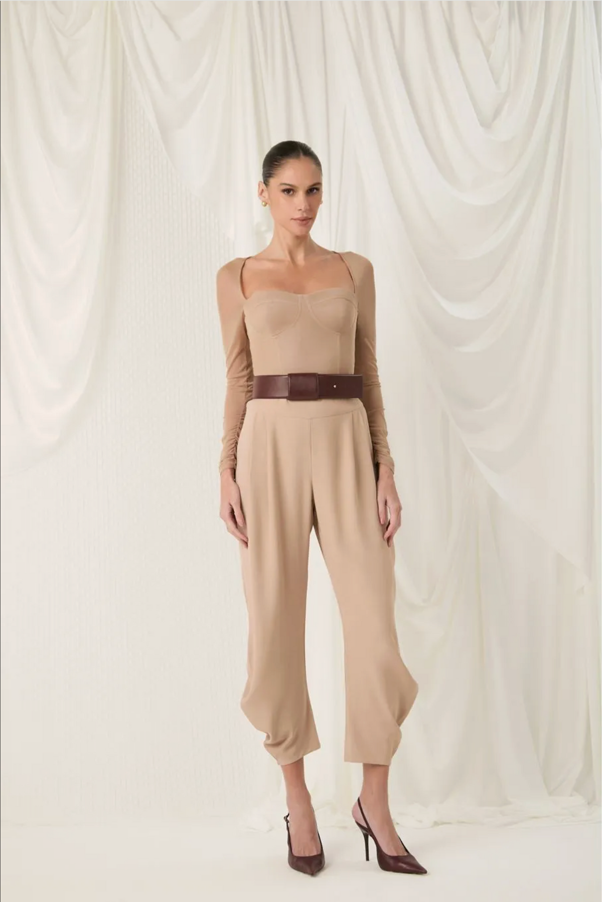 Beige sweetheart-neck blouse