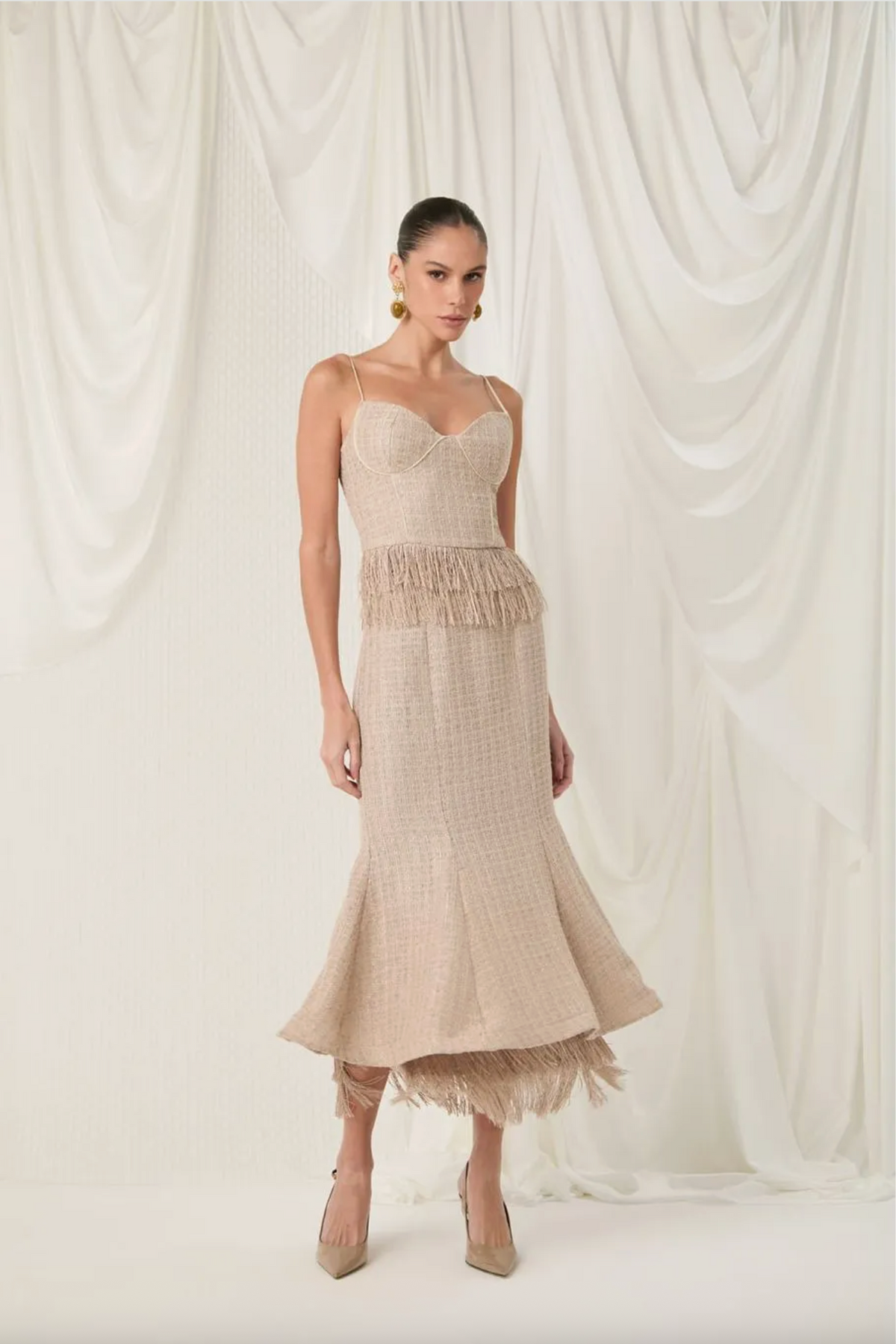 Beige tweed midi skirt fringe