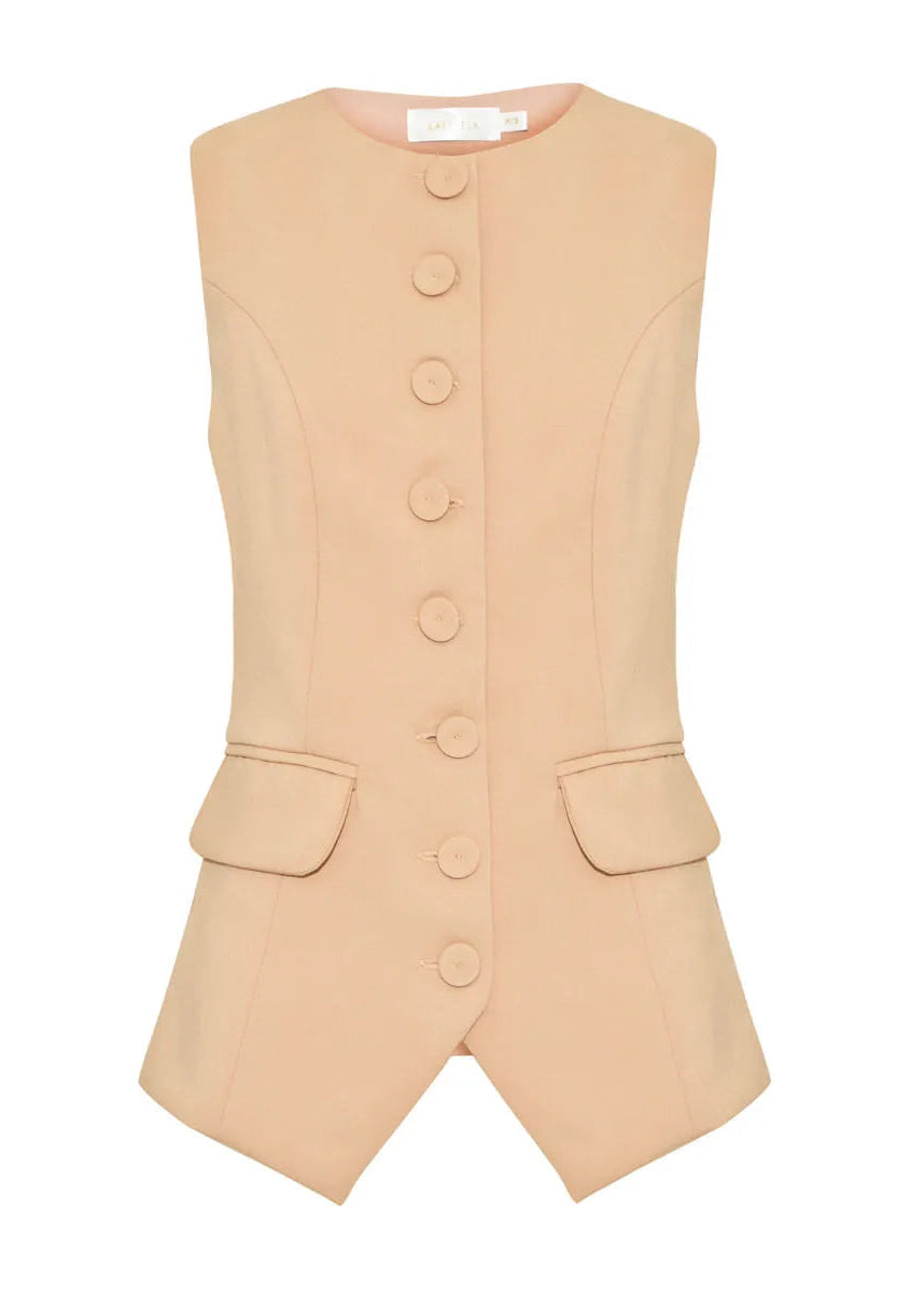 Beige vest with button details on a white background