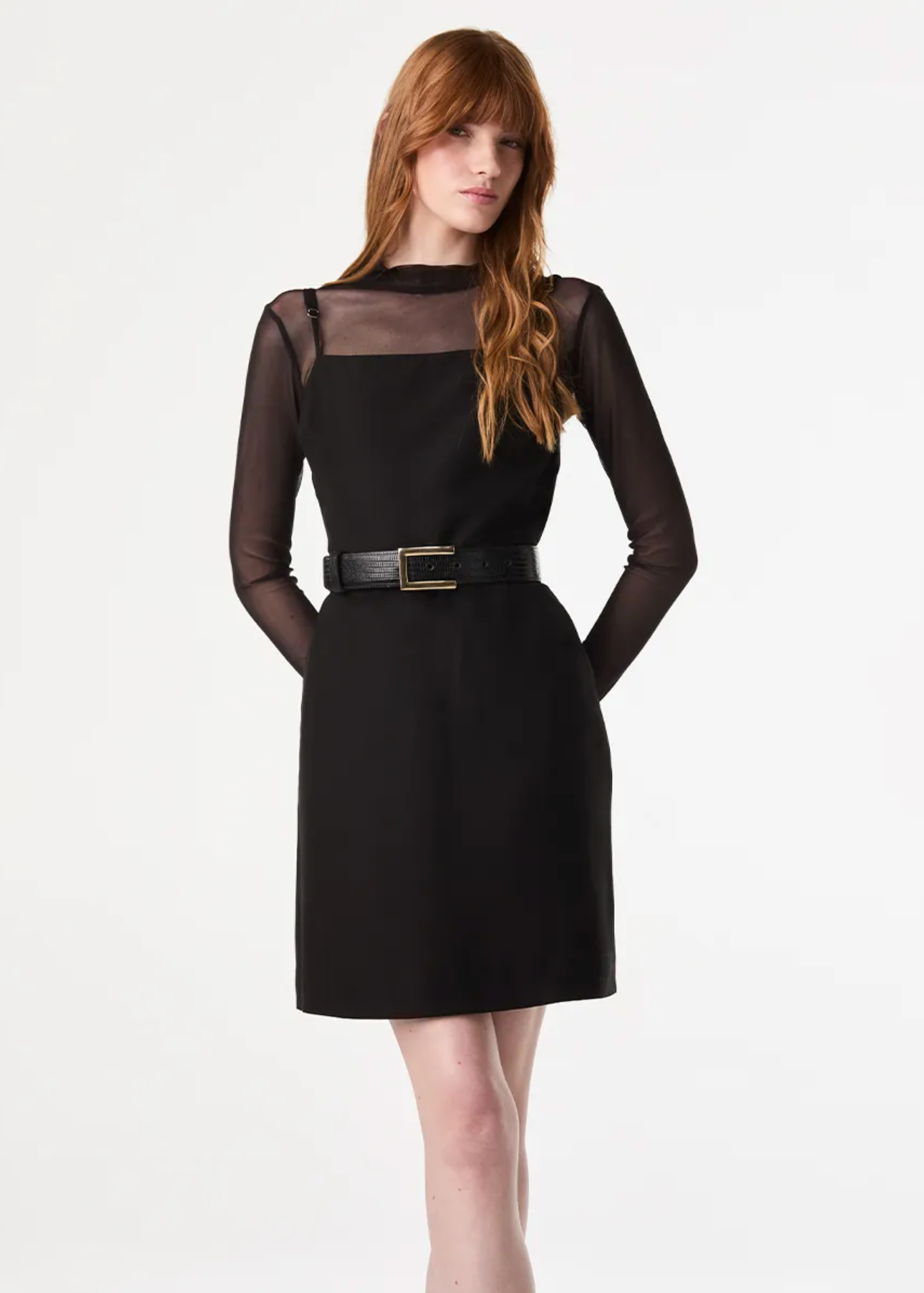 A woman modeling a black knee-length dress with sheer long sleeves, a high neckline, and a black belt with a gold buckle, set against a plain white studio background.