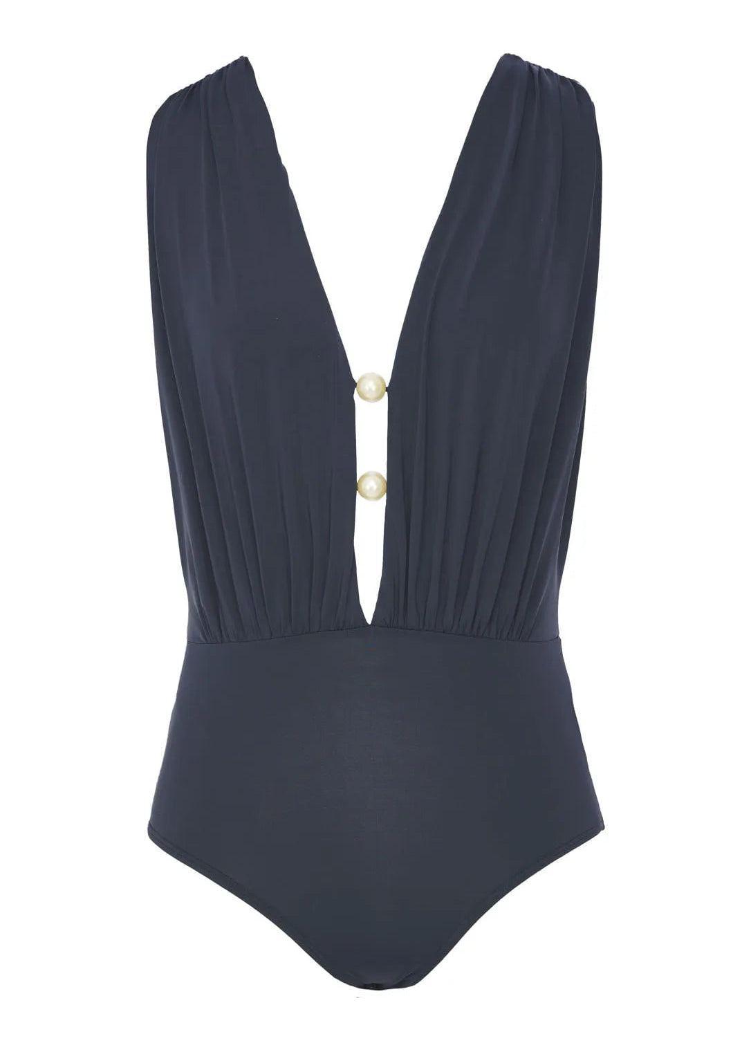 A dark navy blue one-piece swimsuit with a plunging V-neckline accented by two small gold buttons, shown against a plain white background.