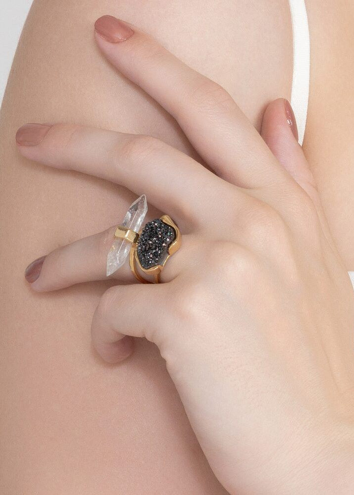 Black Druzy and Crystal Gold Plated Ring
