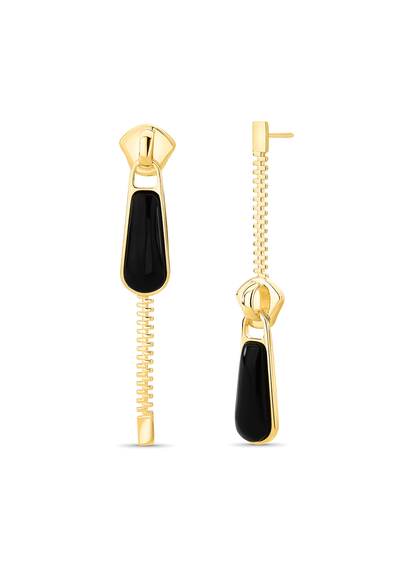 Gold earrings with black stones on a white background
