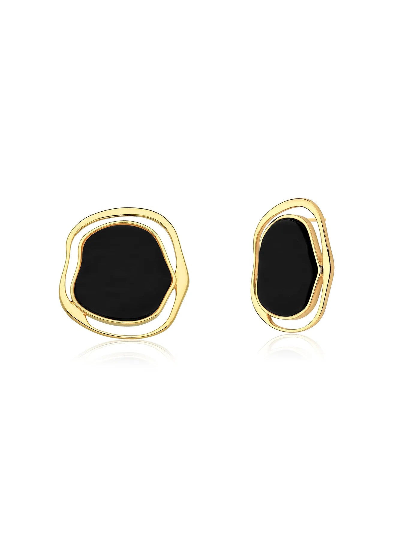 Pair of gold-framed black stone earrings on a white background