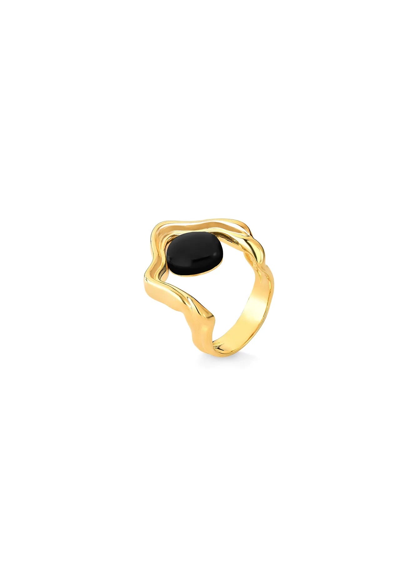 A gold ring with a wavy, organic open band design and a smooth, oval black stone in the center, set against a plain white background.