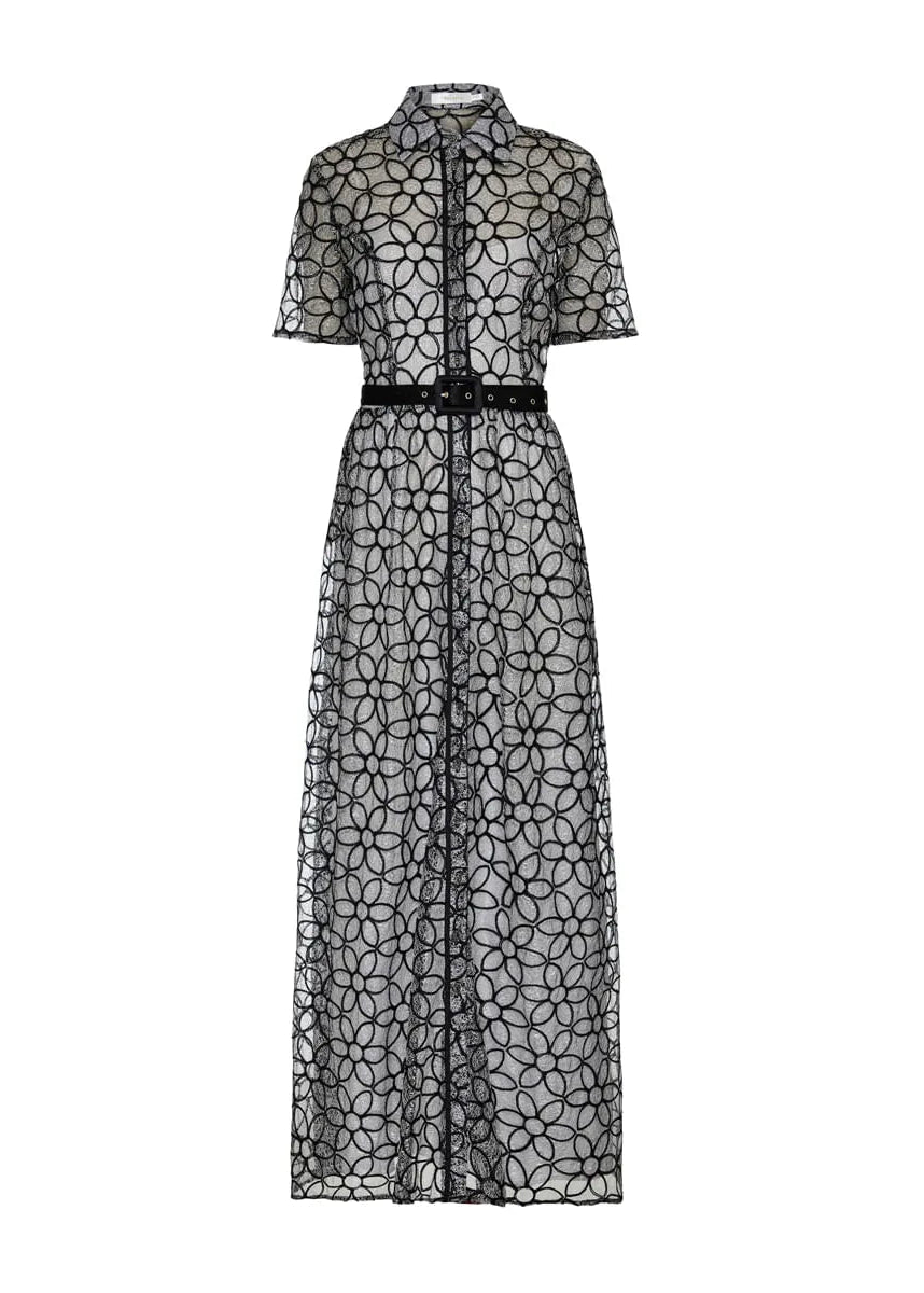 Black lace dress with a belt on a white background