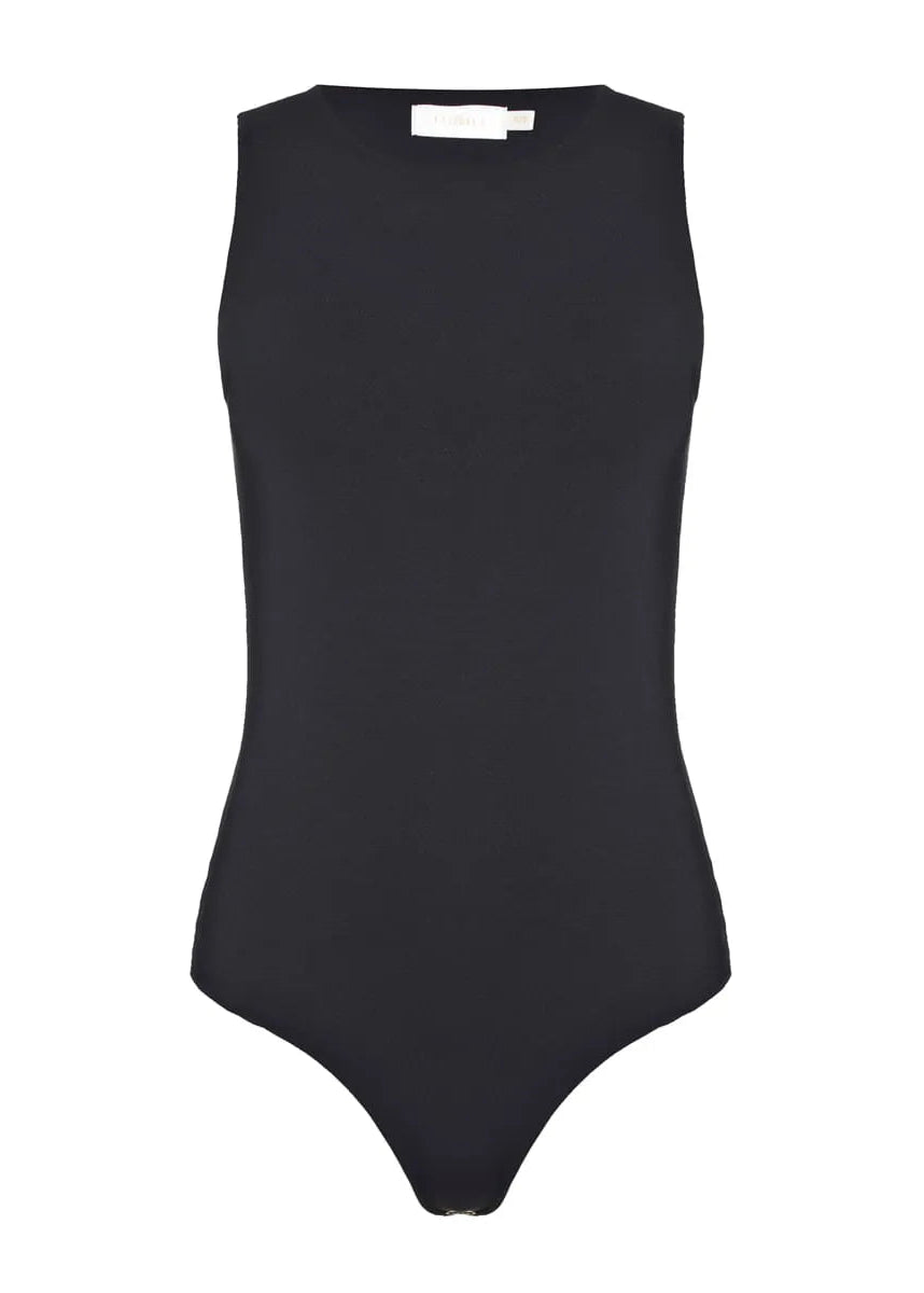 Black bodysuit on a white background