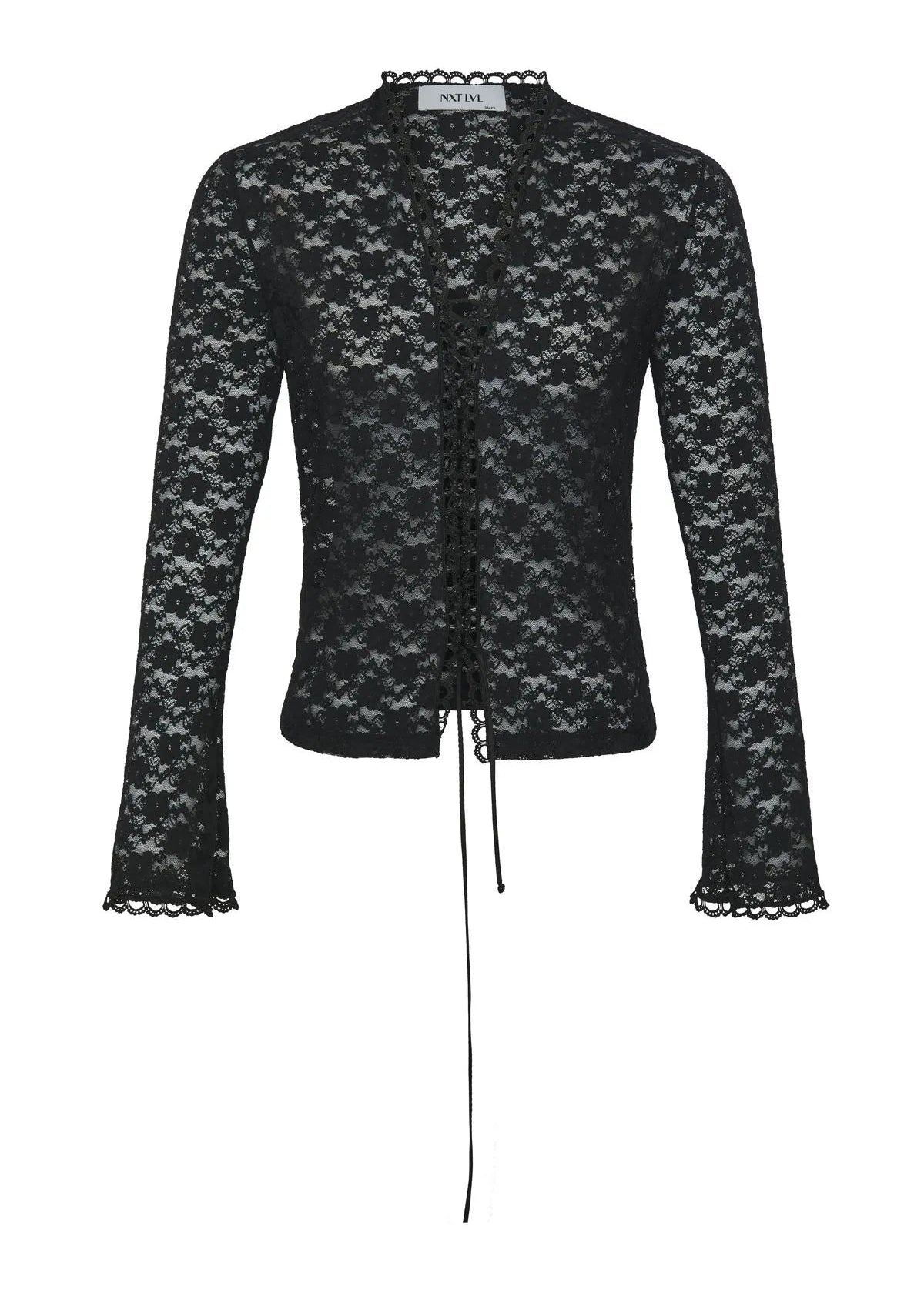 Black lace top with long sleeves on a white background