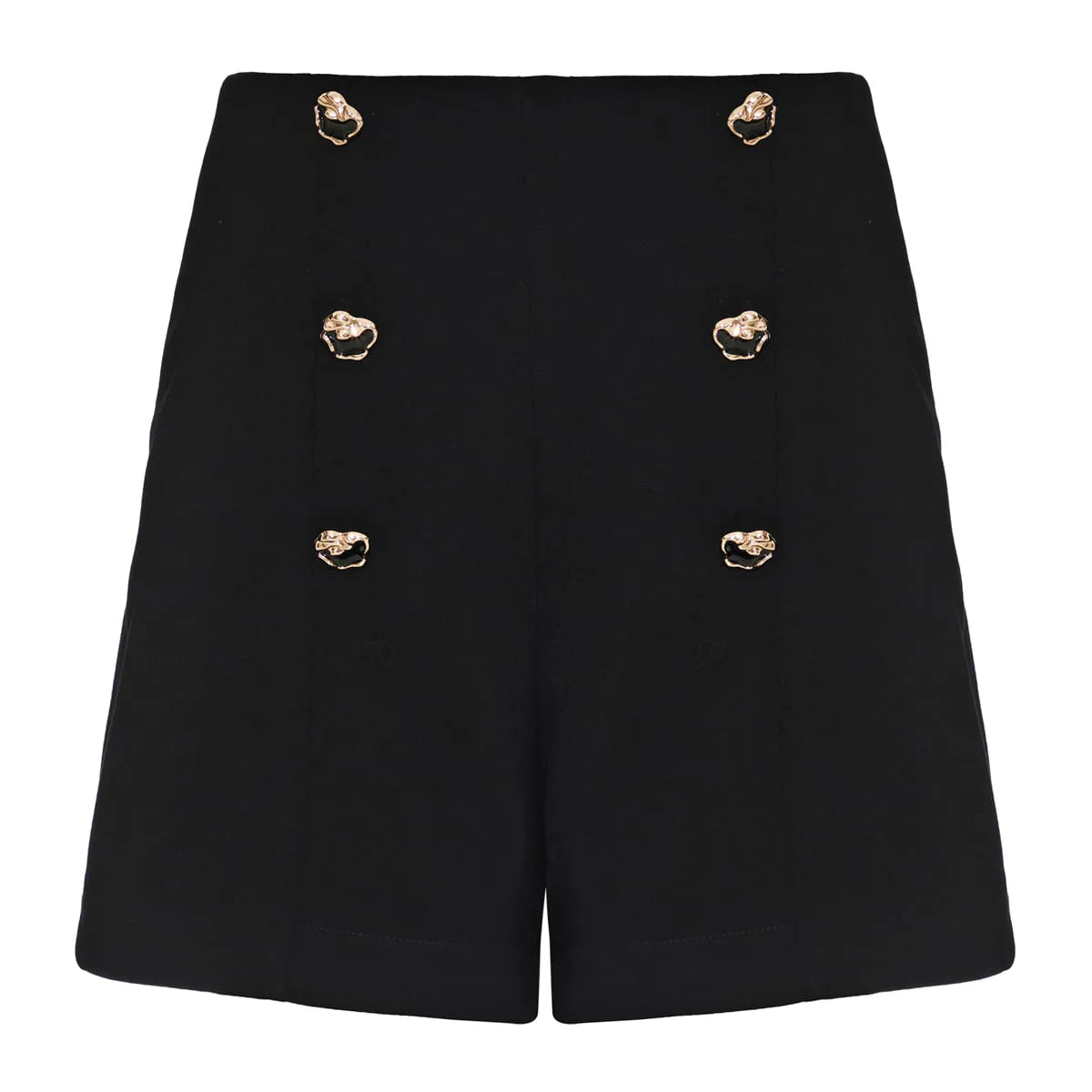 Black shorts with gold buttons on a white background