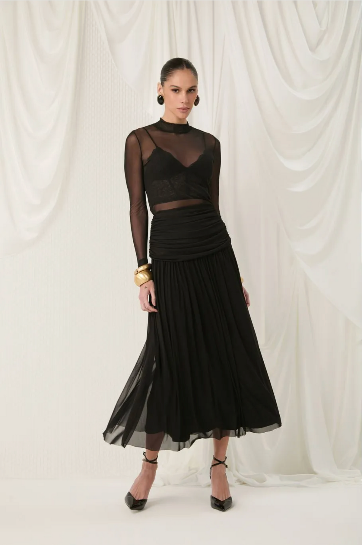 Black tulle long-sleeve blouse