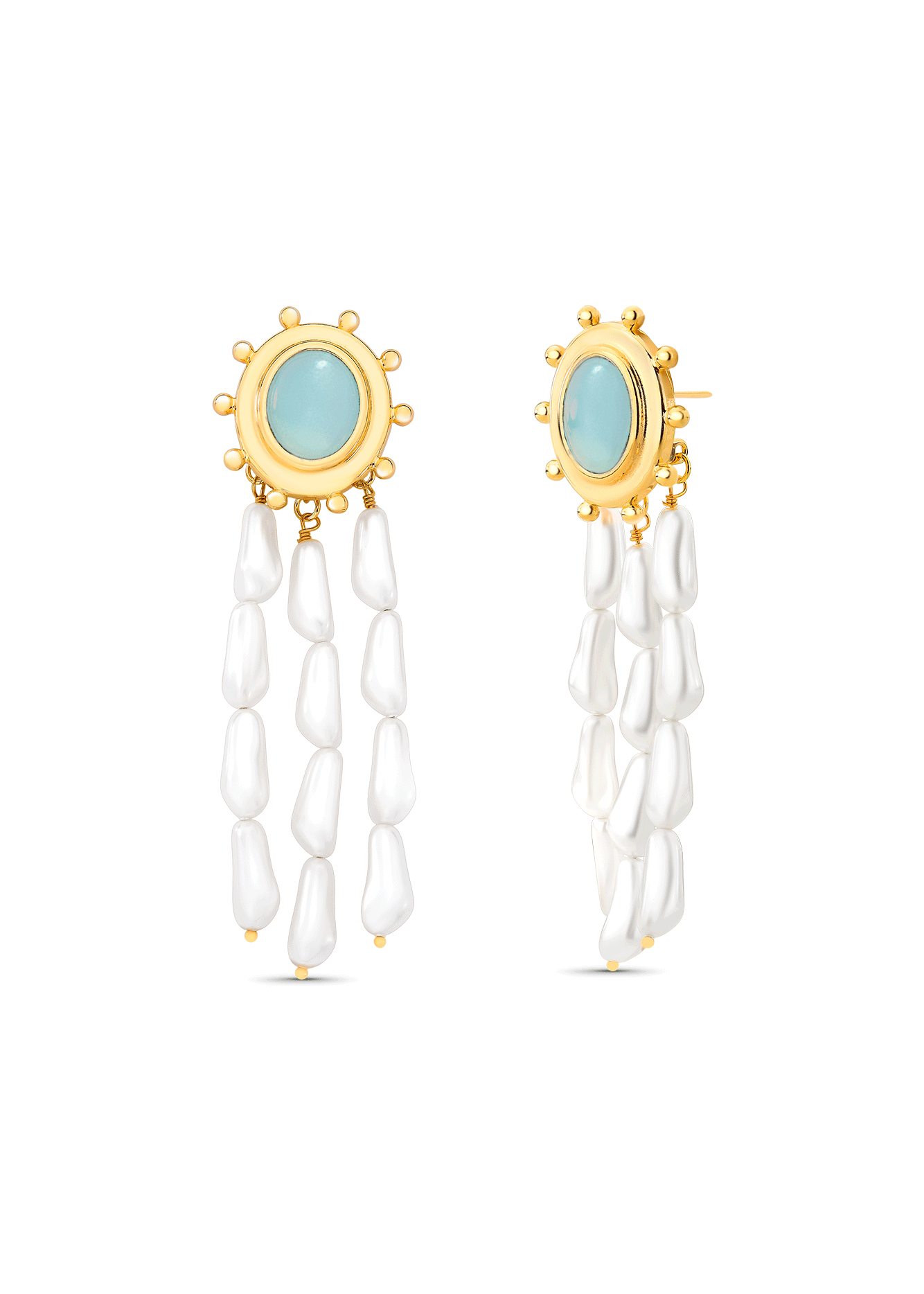 Gold earrings with blue stones and white beads on a white background
