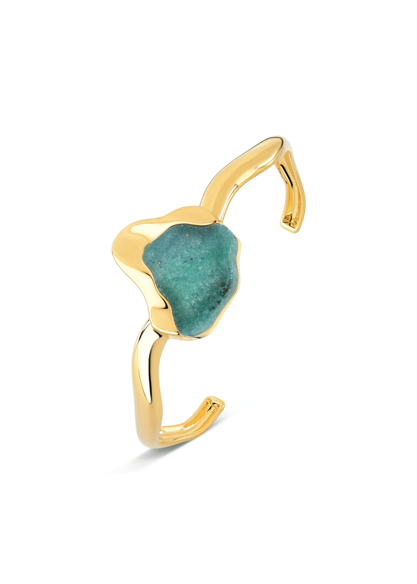 Gold ring with a green stone on a white background