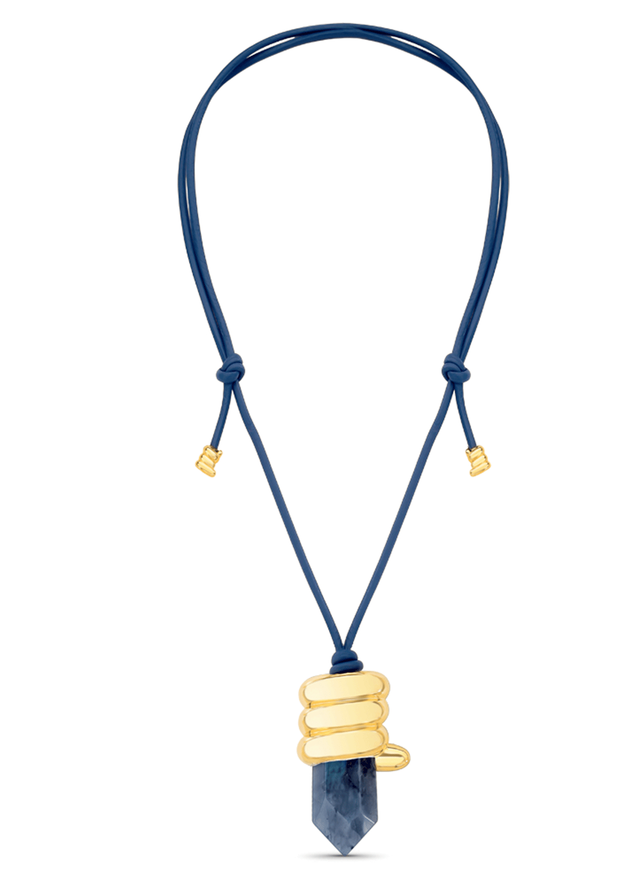 Necklace with blue cord and gold accents on a white background