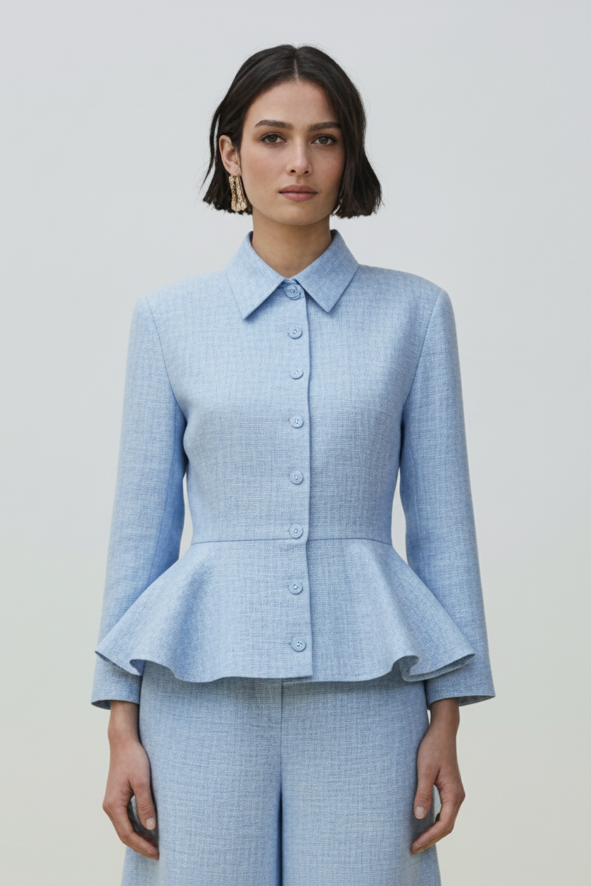 A model stands in a studio wearing a light pink tailored set consisting of a long-sleeve collared button-front top with a peplum waist and matching knee-length shorts. The background is a clean off-white wall with a pale yellow floor.