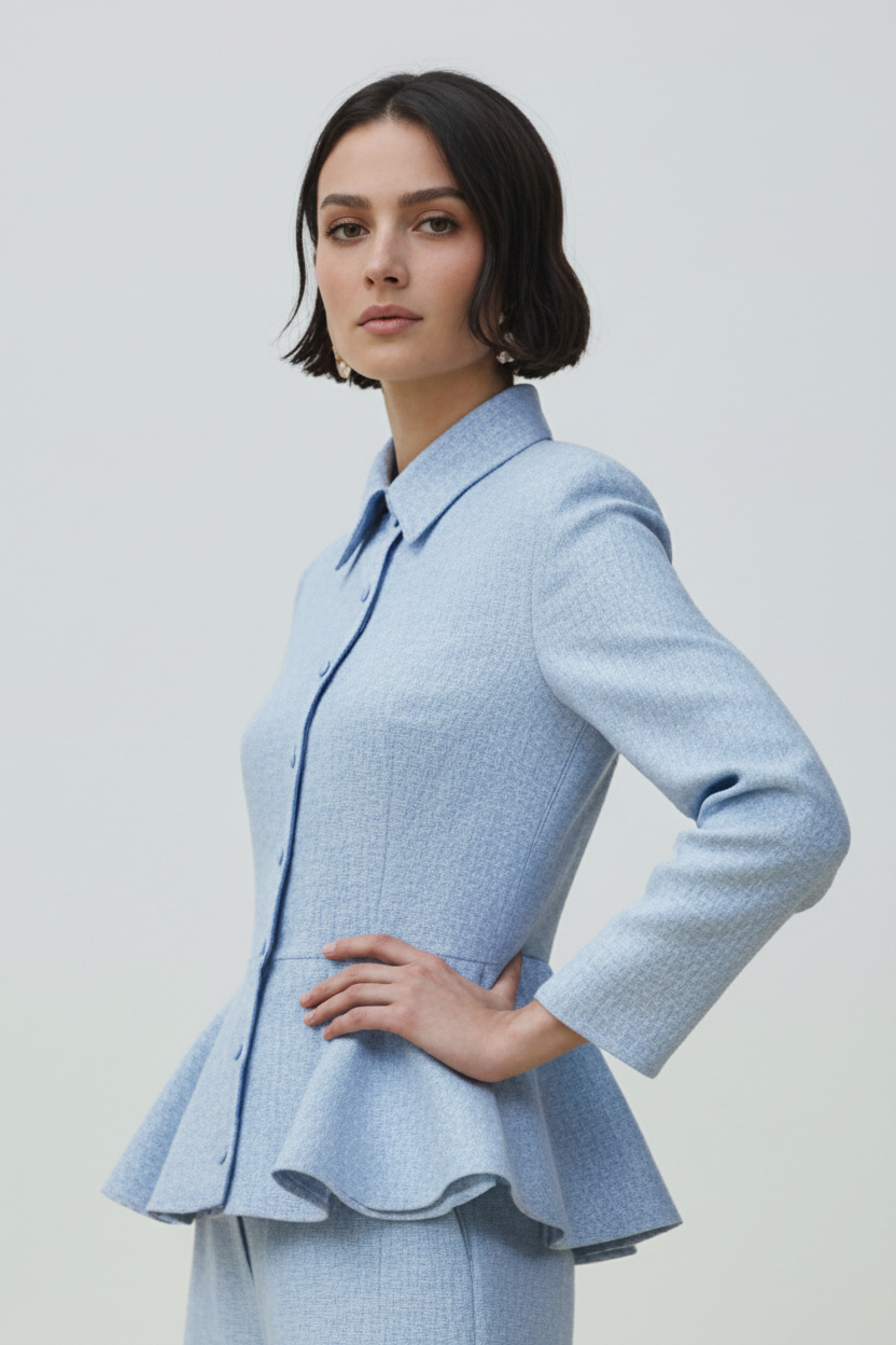 A model stands facing forward in a light blue textured two-piece suit consisting of a long-sleeve button-front jacket with a peplum waist and matching knee-length shorts, paired with nude heels against a pale studio background.