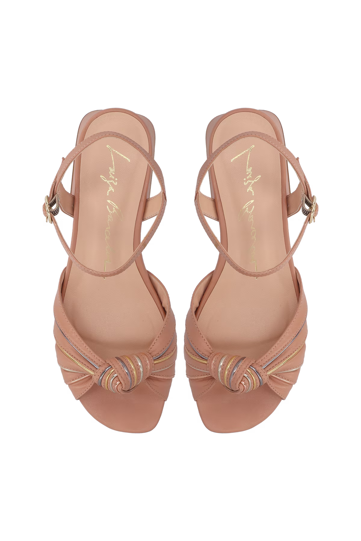 Beige Leather Block-Heel Sandals with Mettalic colors Details