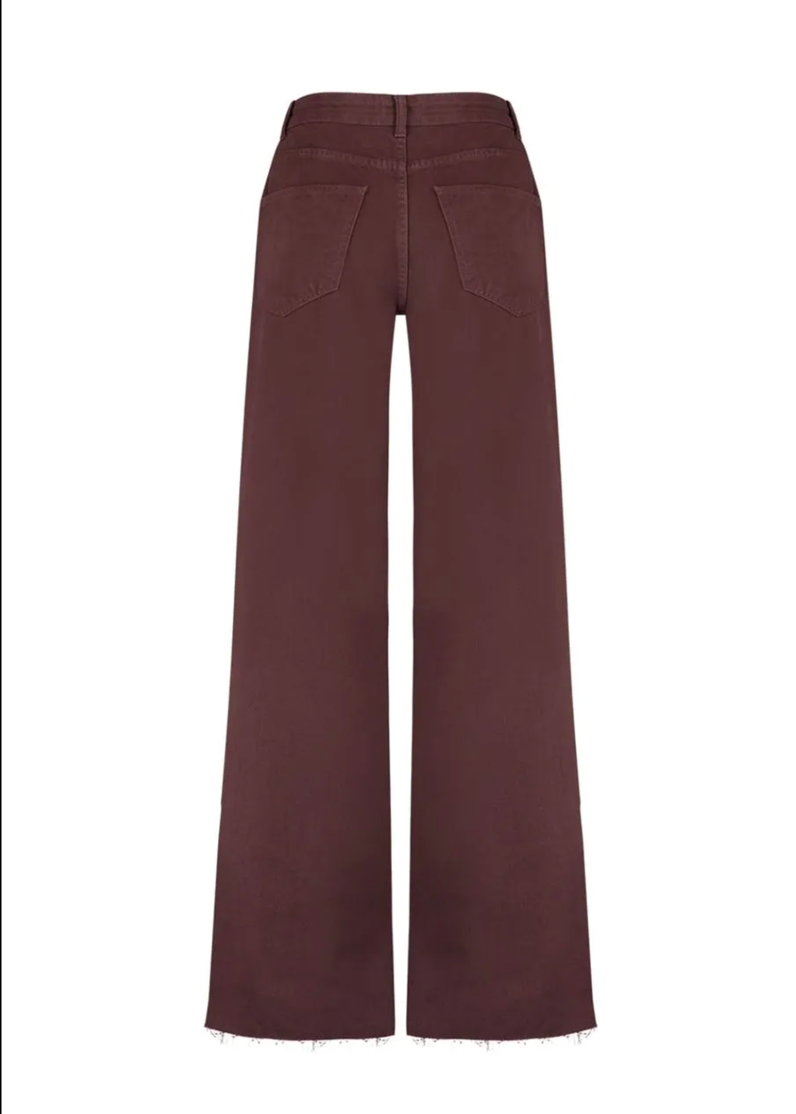A pair of wide-leg trousers in a deep burgundy or plum-brown color, shown from the back on a plain white background.