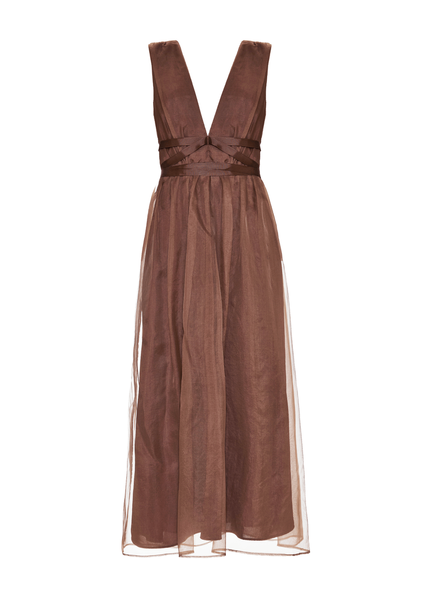Brown dress with a V-neckline on a white background