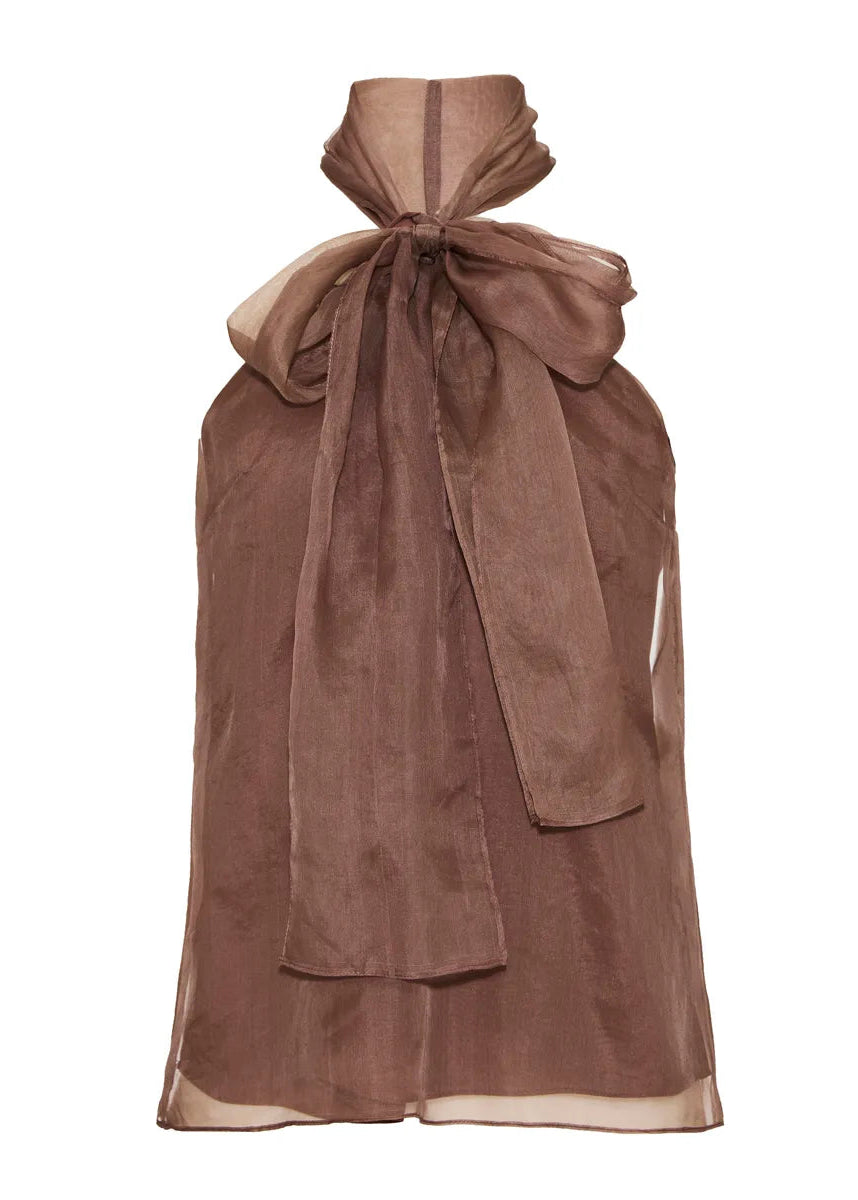 Brown halter top with a large bow on a white background