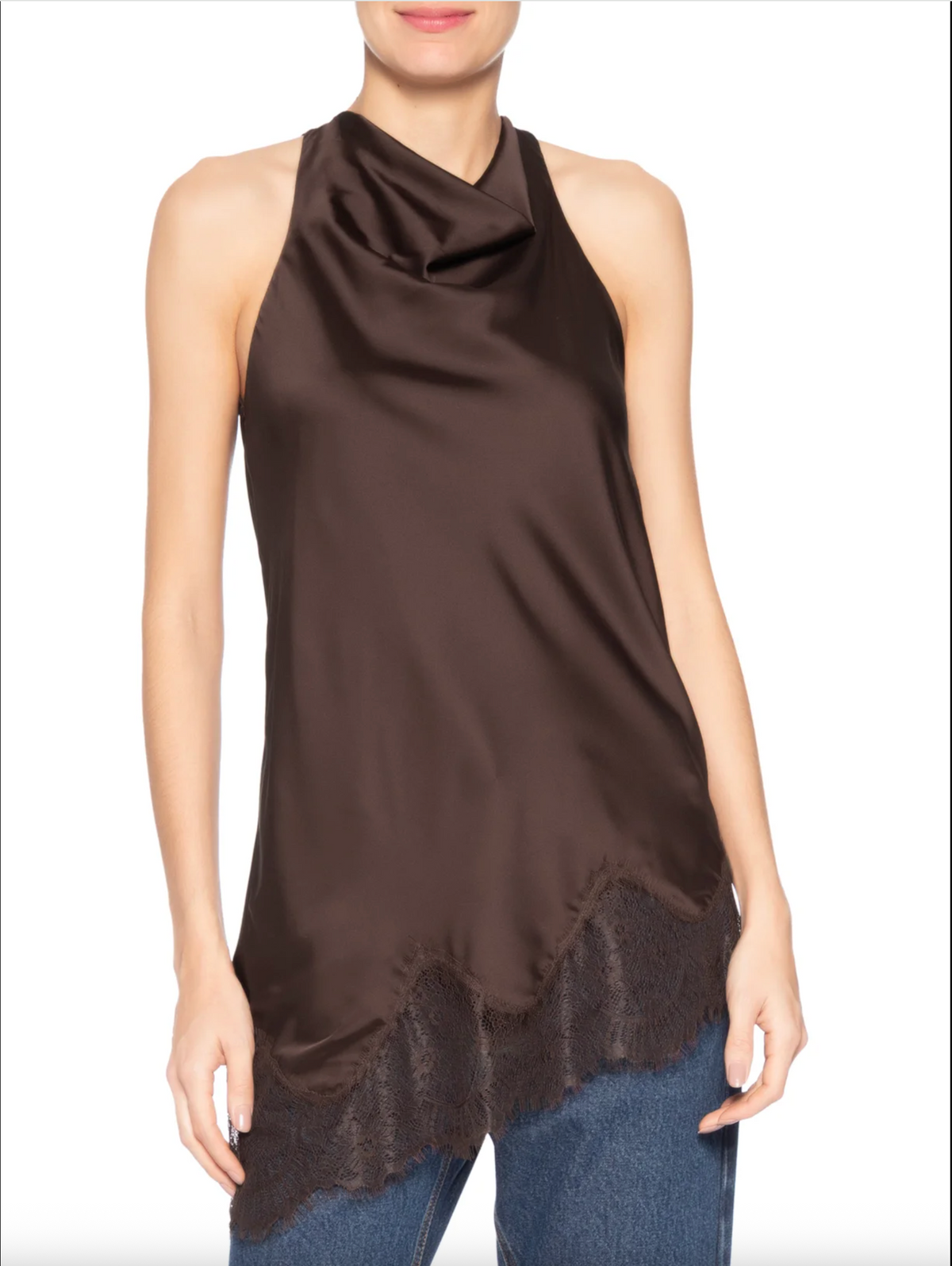 Brown asymmetrical satin blouse