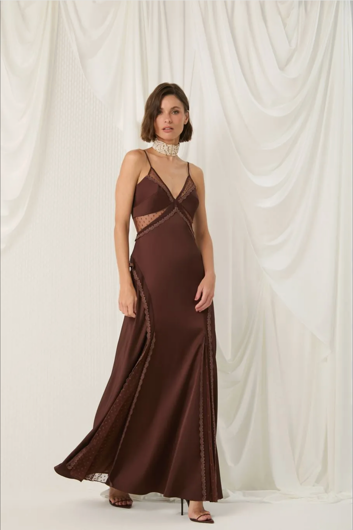 Brown satin slip dress cut-outs