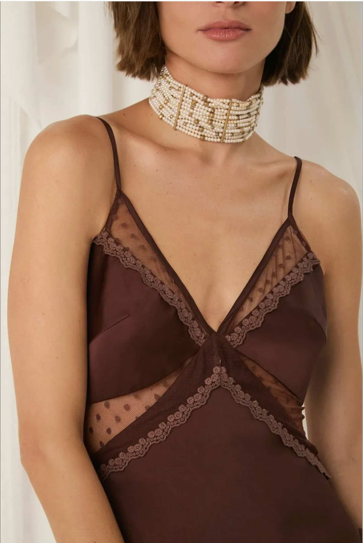 Brown satin slip dress cut-outs