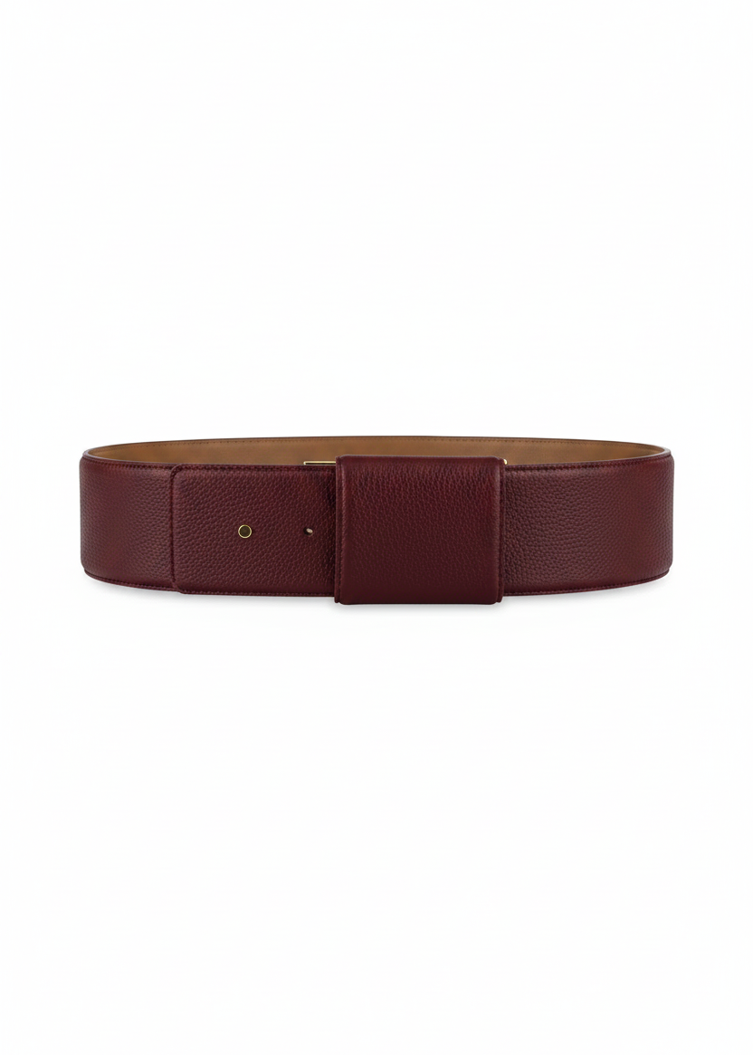 A cream-colored textured leather belt with a wide rectangular buckle and a small gold-tone metal rivet, displayed horizontally on a solid white background.