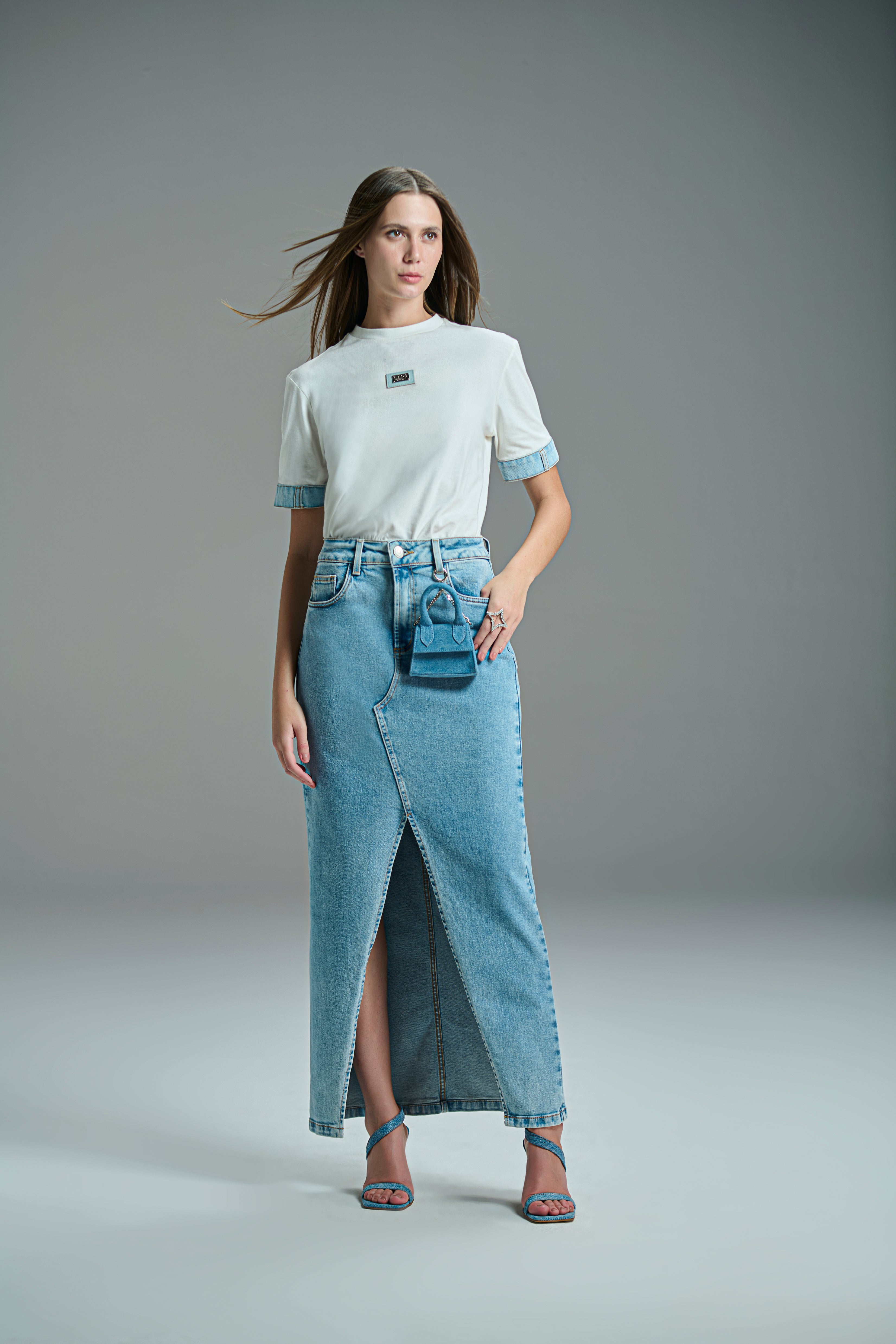 Denim Long Skirt With Mini Bag