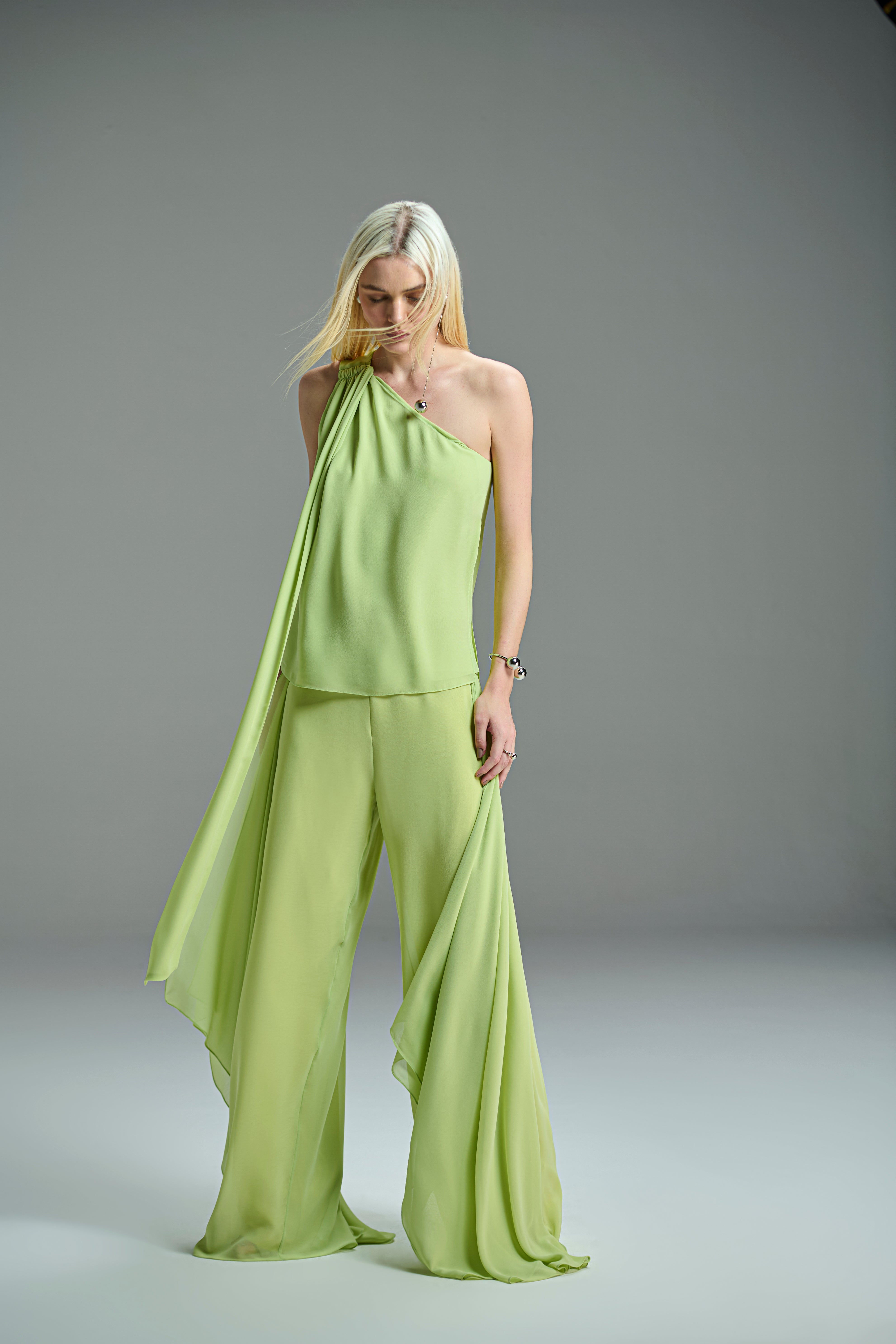 One-shoulder Blouse and Chiffon Pants Set