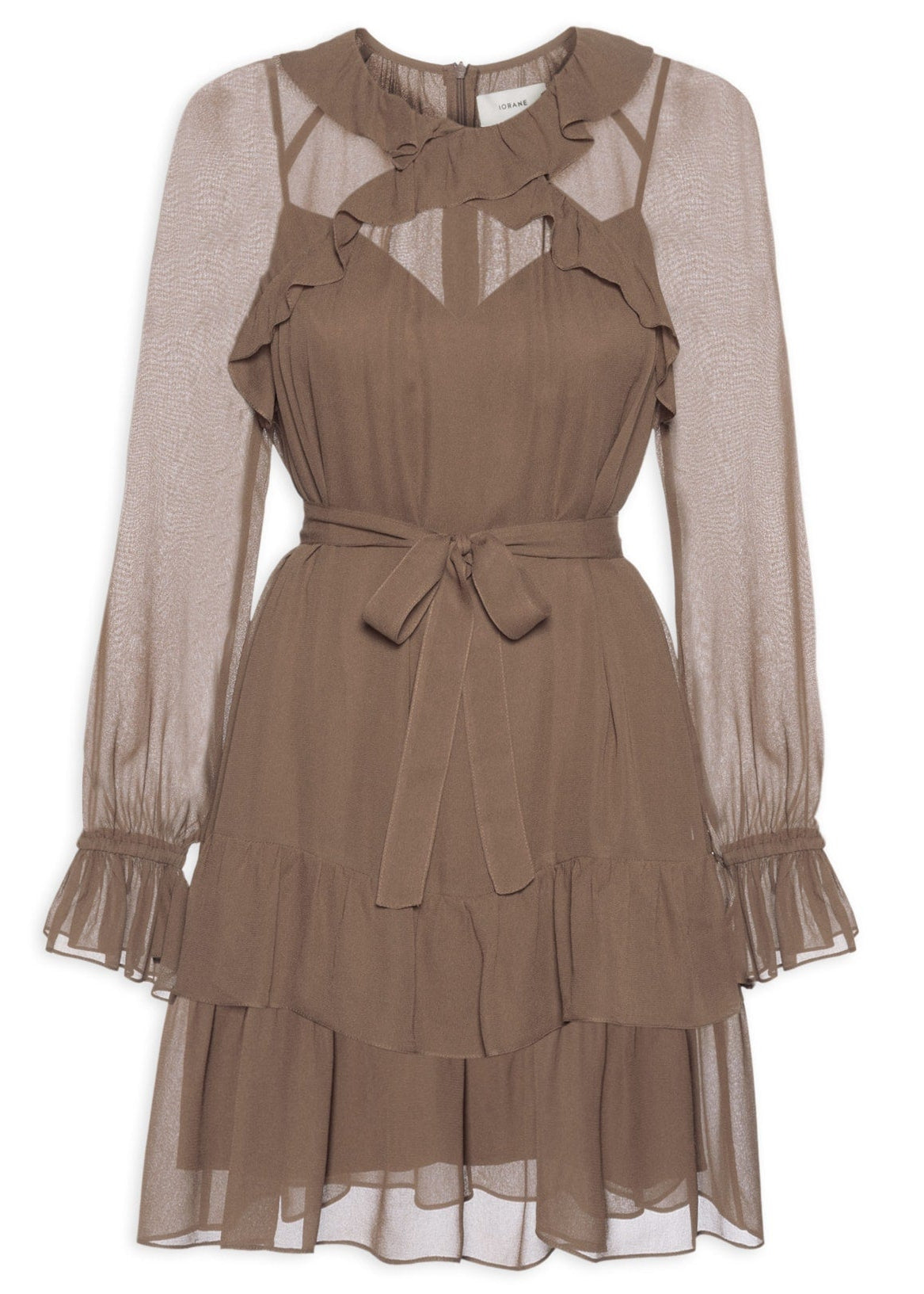 Brown dress with sheer sleeves on a white background
