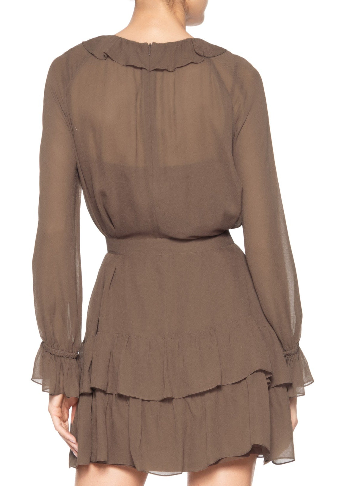 Brown mini dress with long sleeves and ruffled layers on a white background