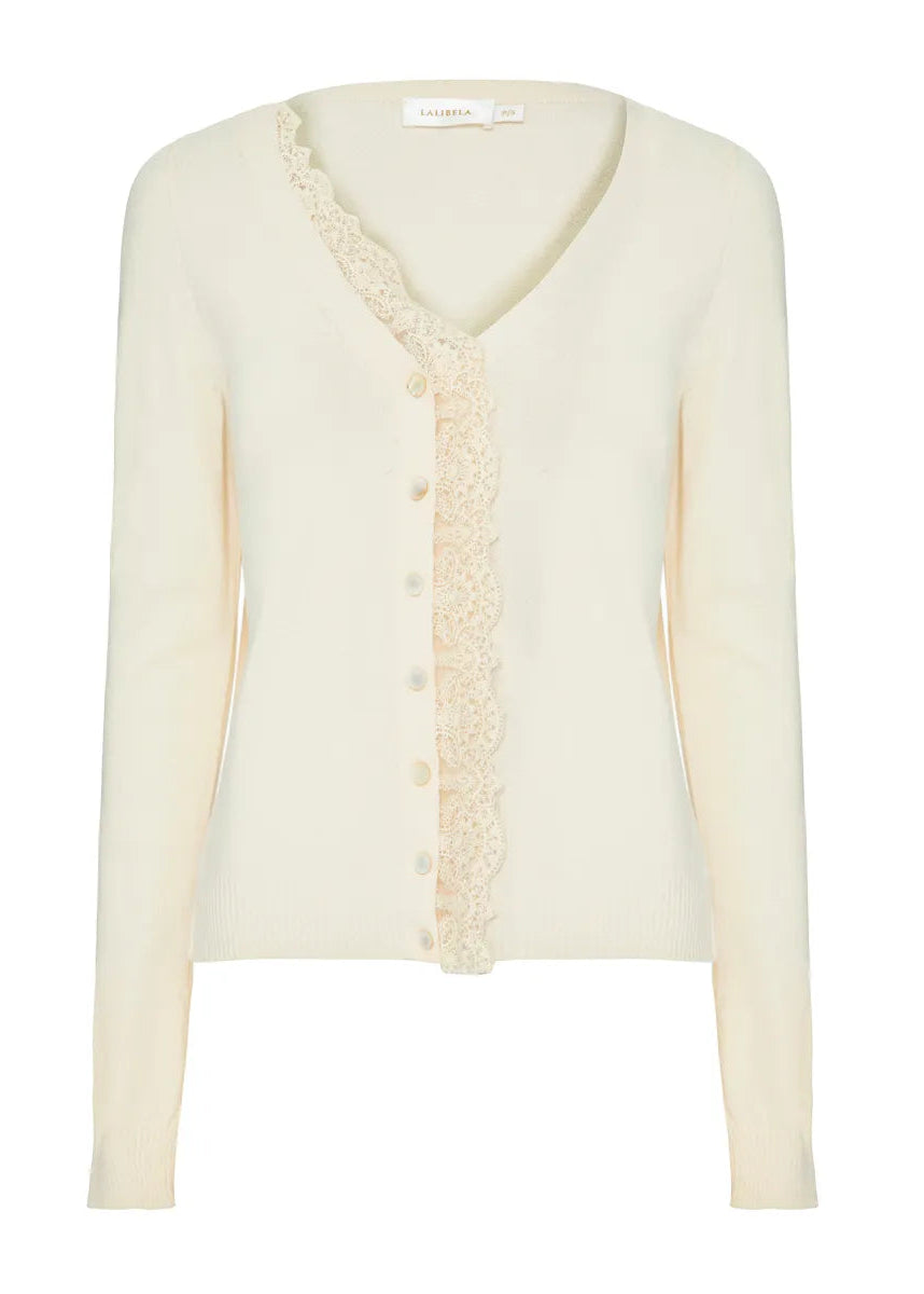 An off-white long-sleeve knit cardigan featuring a V-neckline and a decorative floral lace trim running down the front button placket, shown against a plain white background.