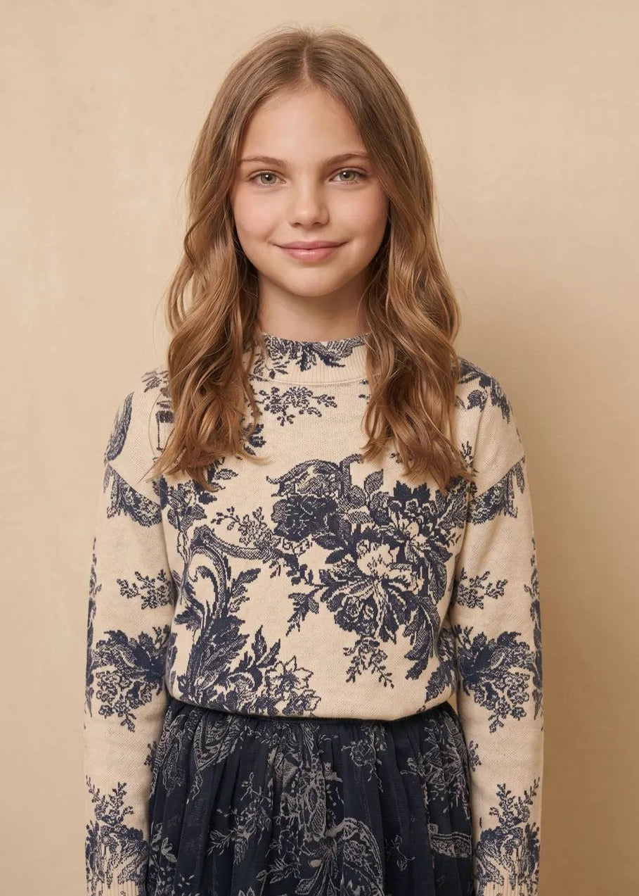 Off White and Navy Blue Floral Girl's Sweater