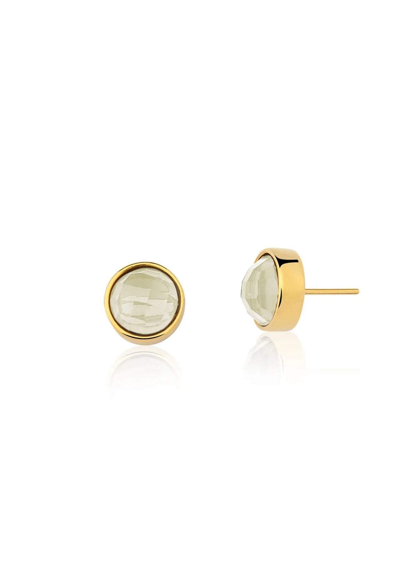 A pair of gold stud earrings with oval-cut pale green gemstones, shown from both front and side angles on a clean white background.