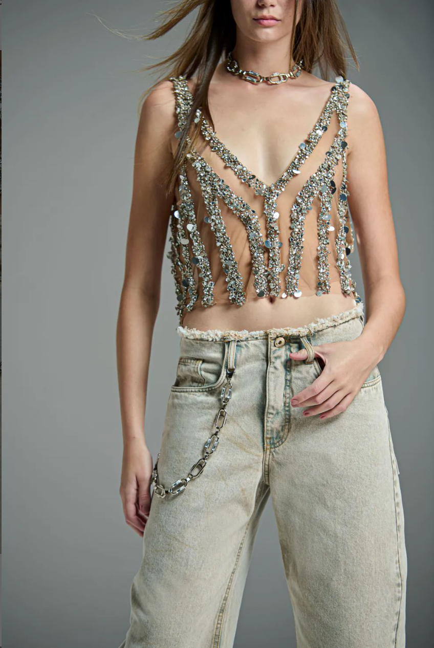 Crystal Embroidered Tulle Blouse