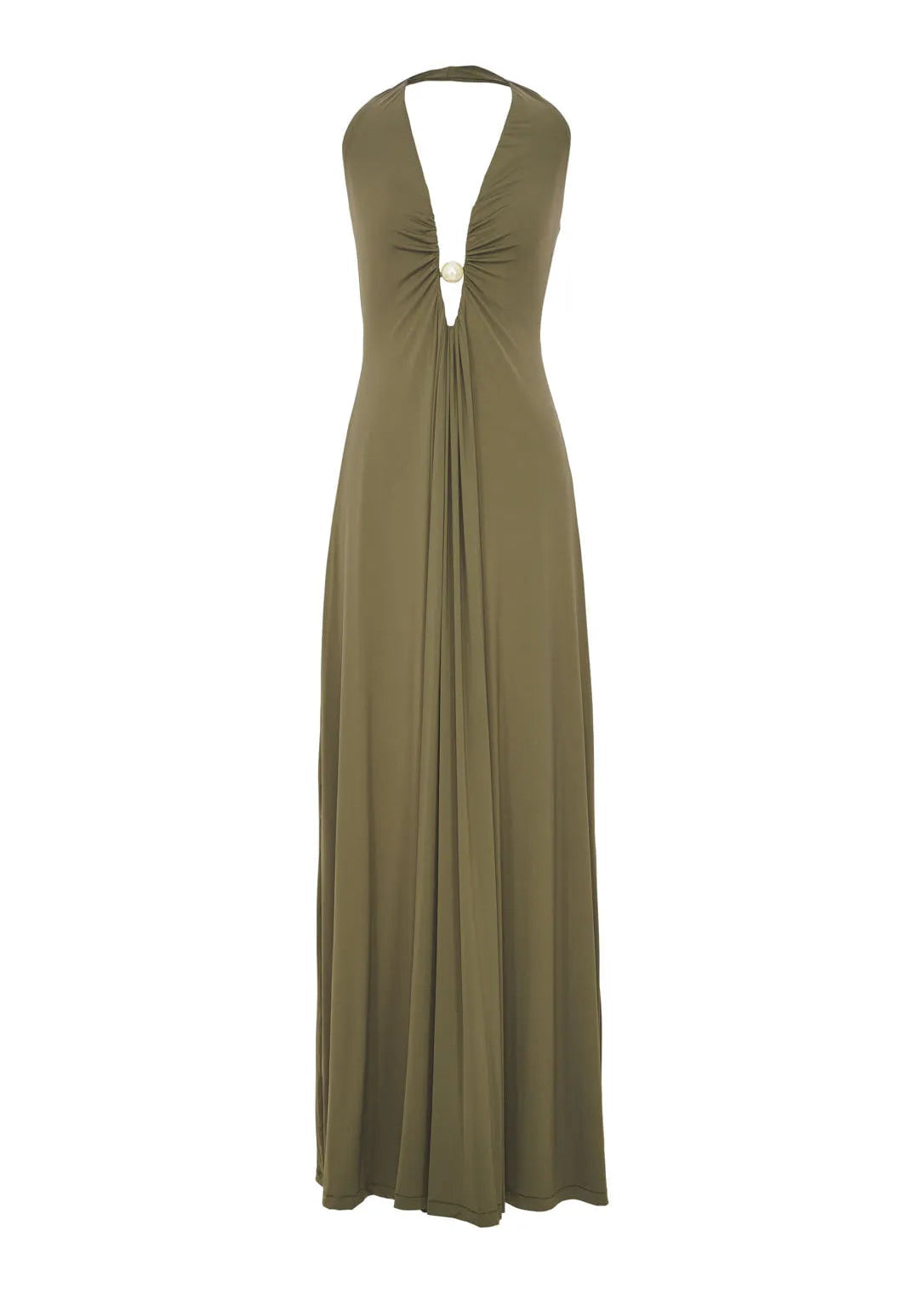 An olive green halter-neck maxi dress with a twisted front detail, shown against a plain white background.