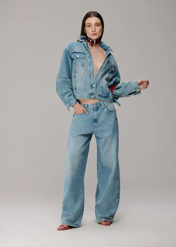 Denim Jacket with Leather Strap on the Sleeve
