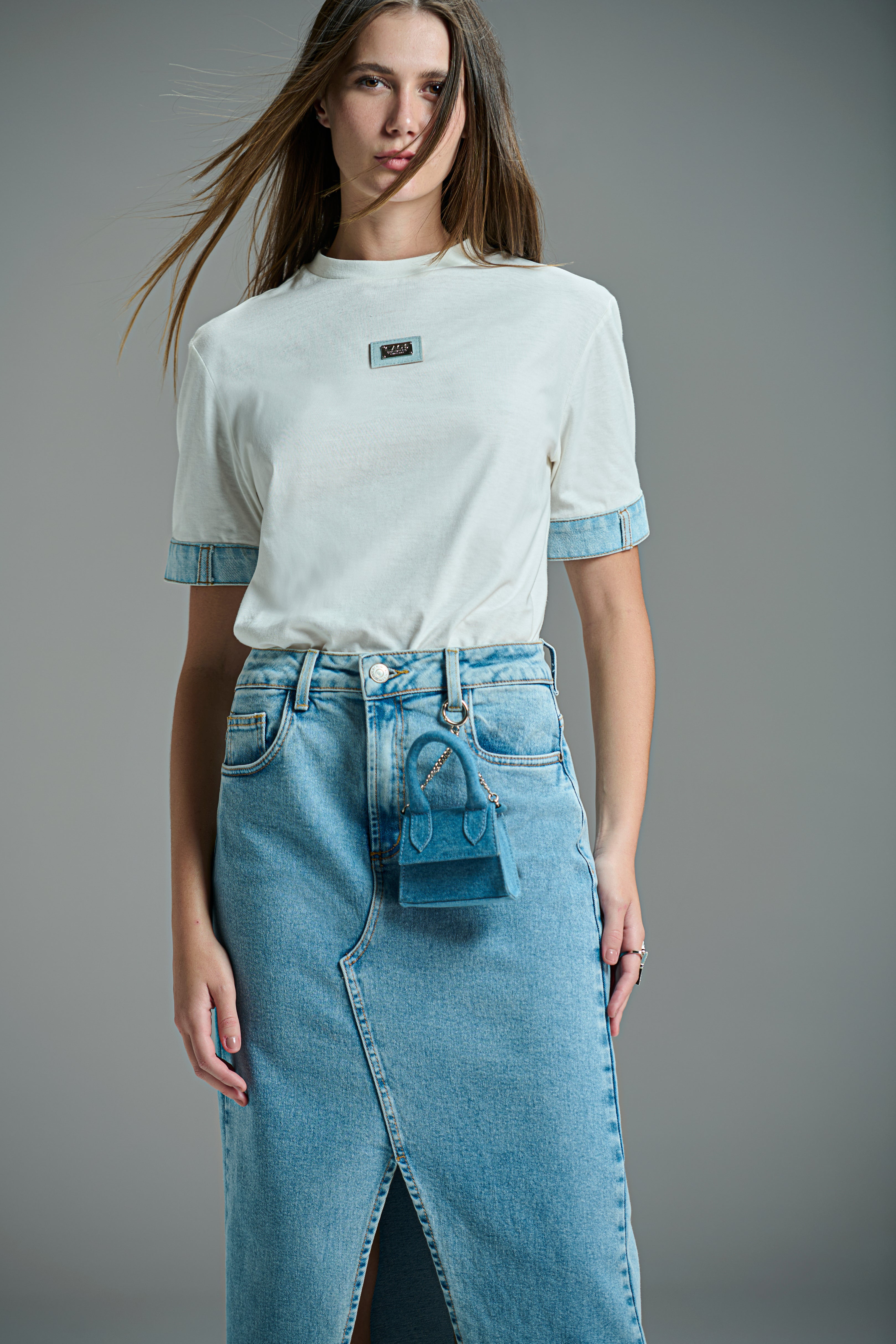 Denim Long Skirt With Mini Bag