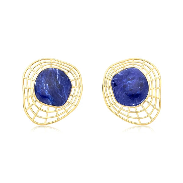 A pair of gold wireframe earrings with irregular organic shapes and central deep blue lapis lazuli stones, shown on a clean white background.