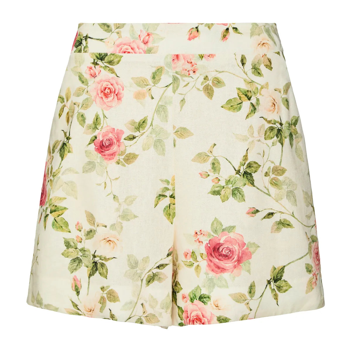 Floral shorts with pink roses and green leaves on a white background