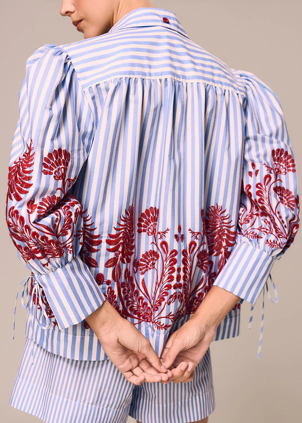 Flower Pattern white-blue Stripped Shirt
