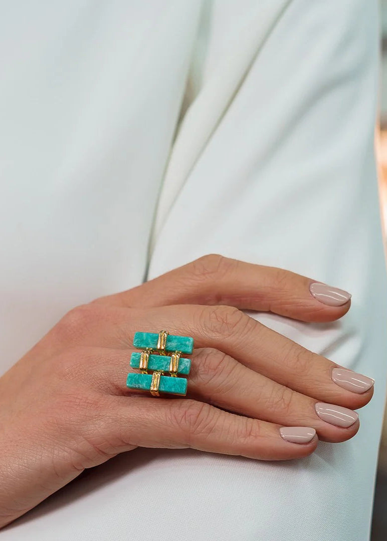 Turquoise ring with gold accents on a hand against a white background
